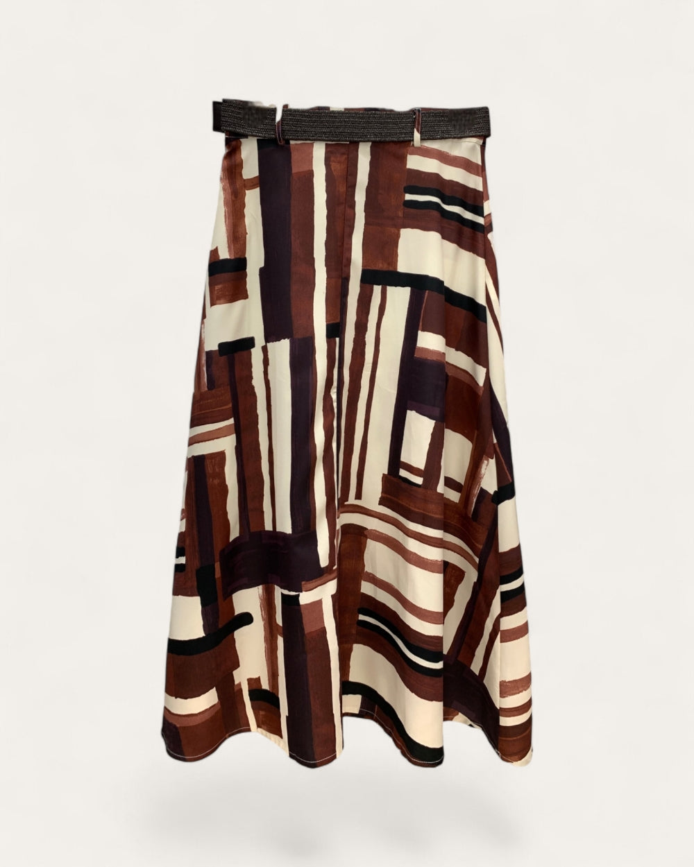 Abstract Print Midi Skirt with Belt - Zilvina