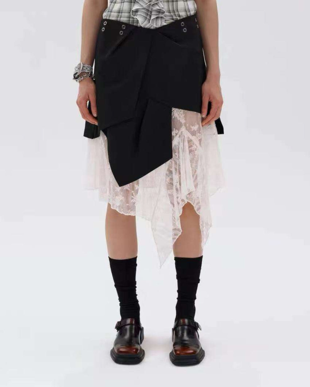 Asymmetric Lace Panel Layered Midi Skirt - Zilvina
