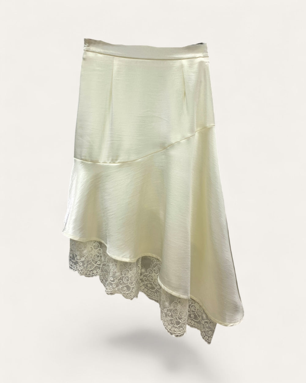 Asymmetrical Lace Hem Satin Skirt - Zilvina