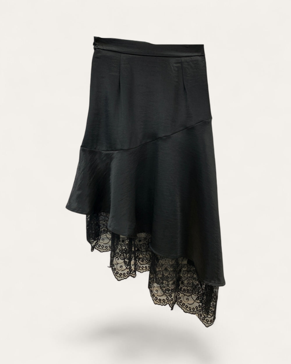 Asymmetrical Lace Hem Satin Skirt - Zilvina