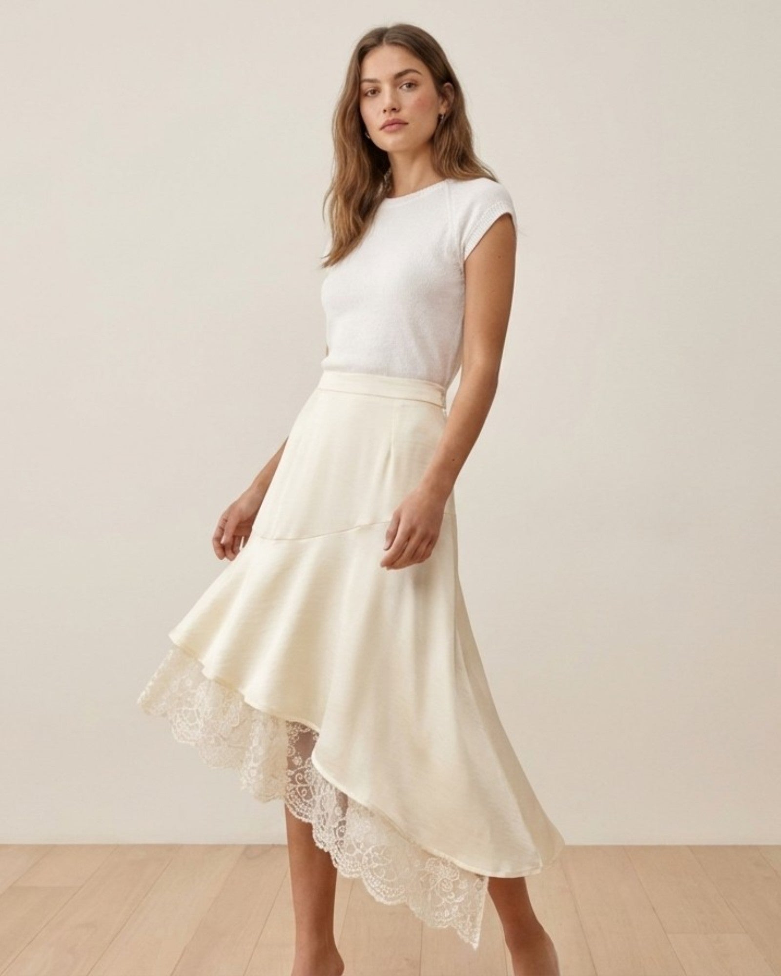 Asymmetrical Lace Hem Satin Skirt - Zilvina