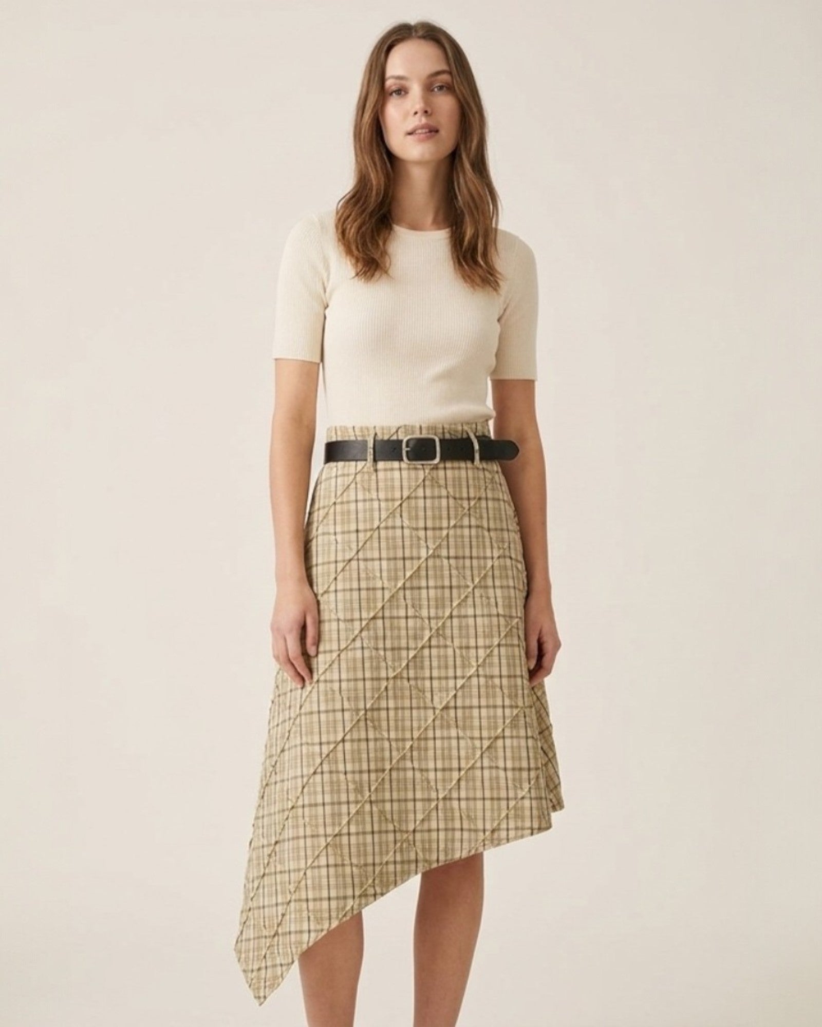 Asymmetrical Plaid Belted Midi Skirt - Zilvina
