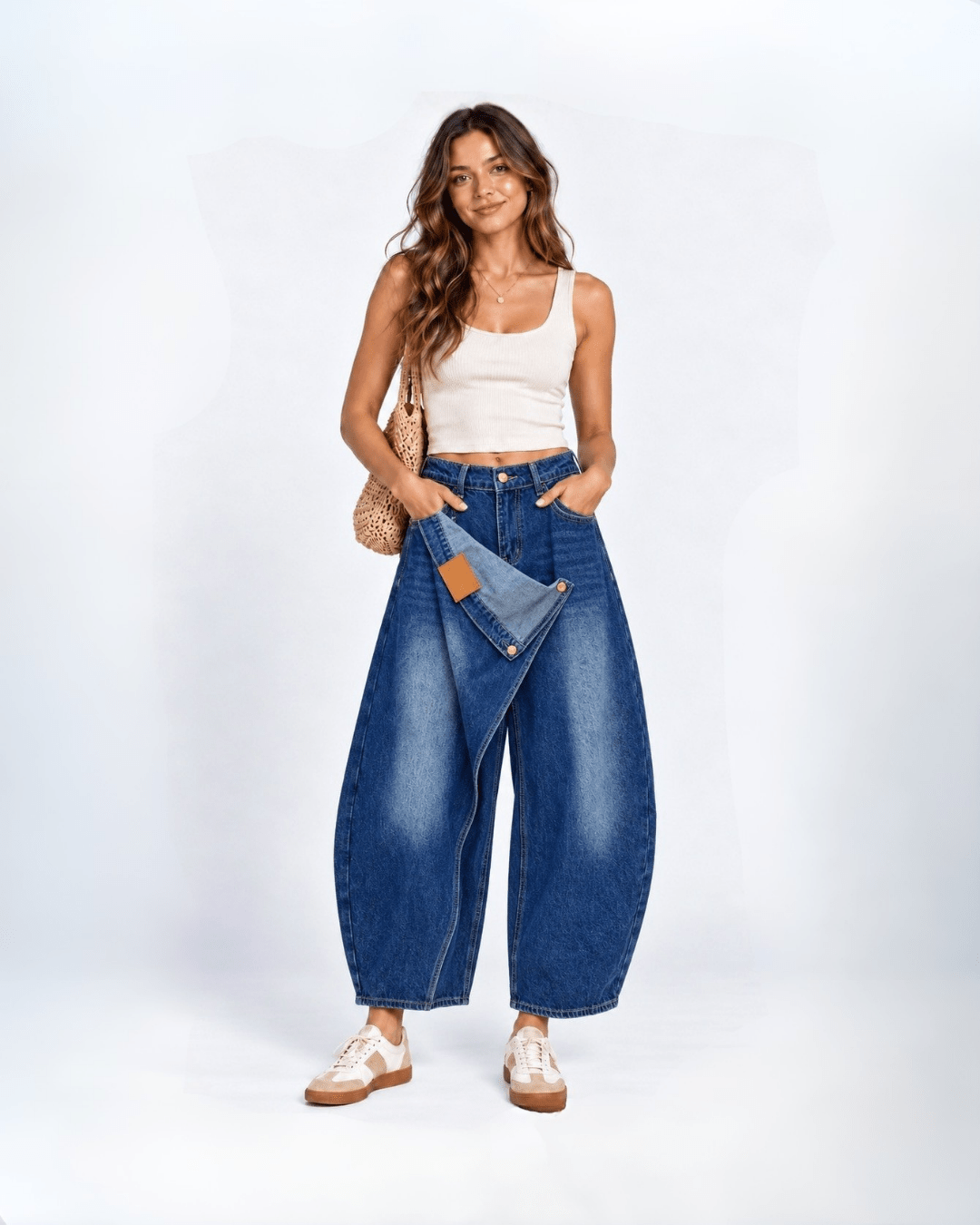 Asymmetrical Wrap Panel Denim Pants - Zilvina