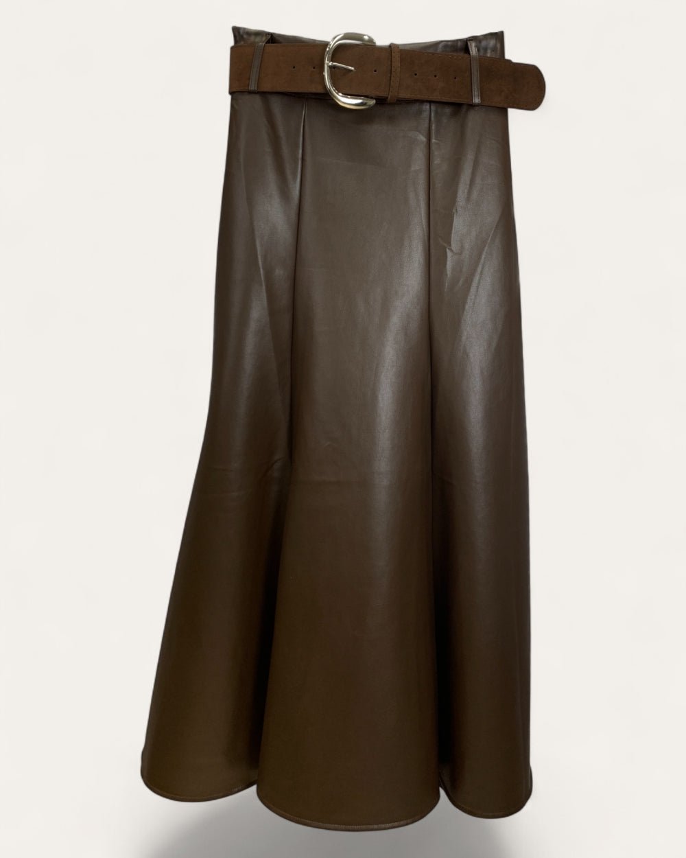 Belted Faux Leather Midi Skirt - Zilvina