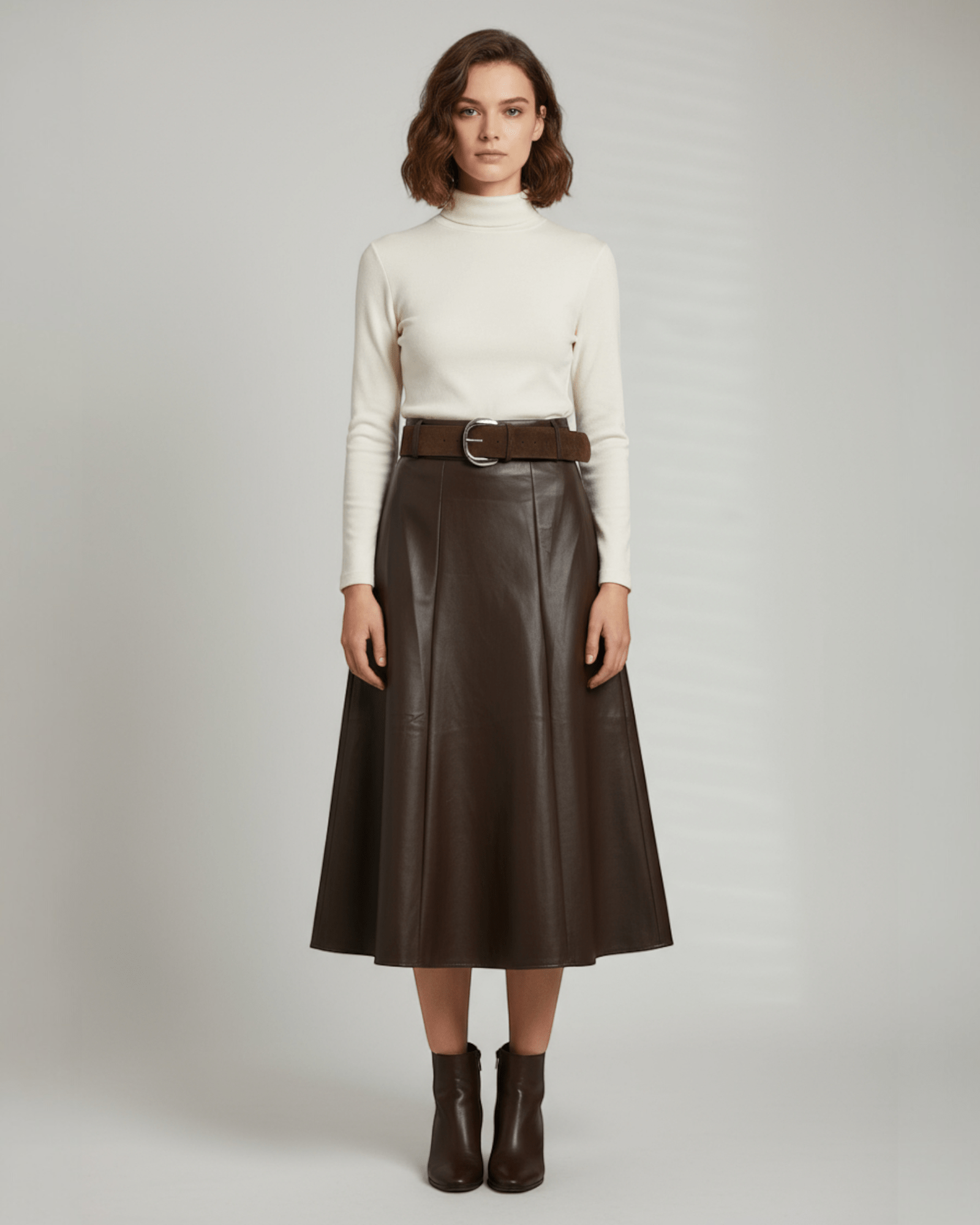 Belted Faux Leather Midi Skirt - Zilvina