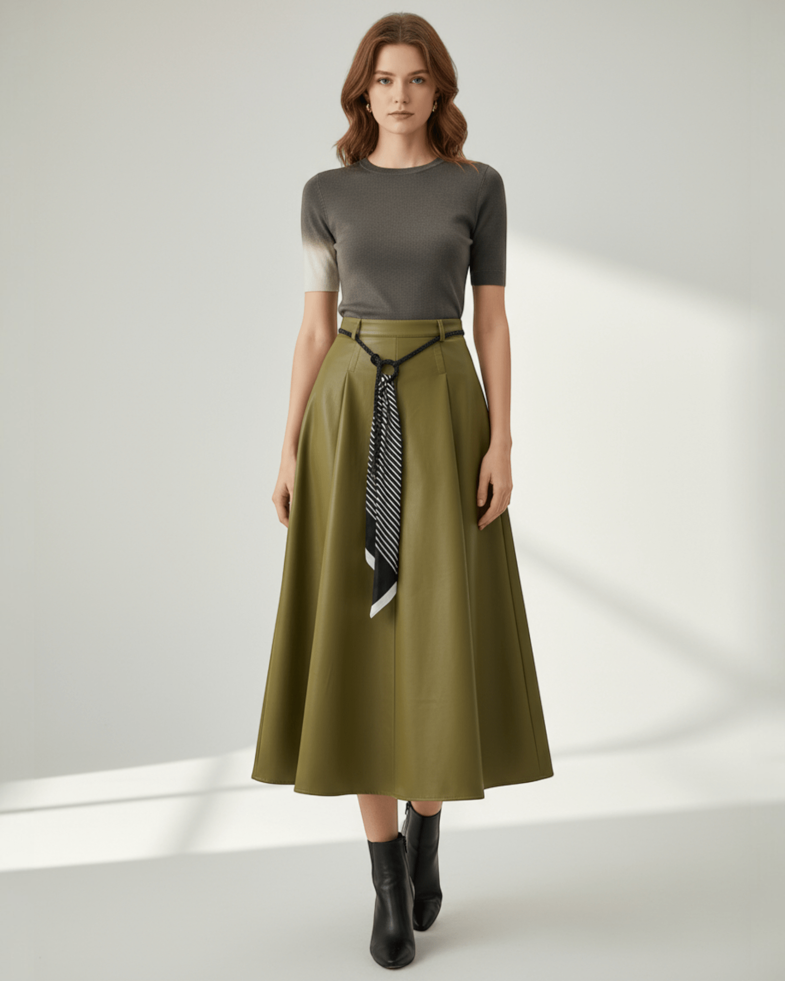 Belted Faux Leather Skirt with Scarf Accent - Zilvina