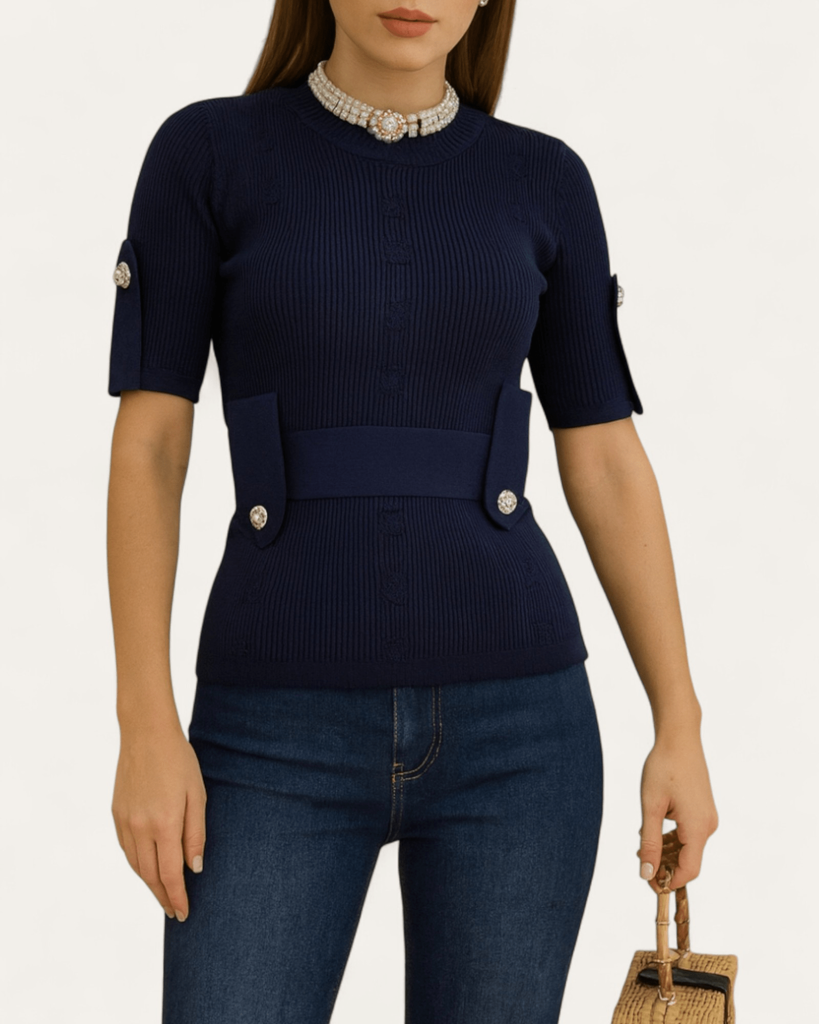 Bow Detail Half - Sleeve Knit Top - Zilvina