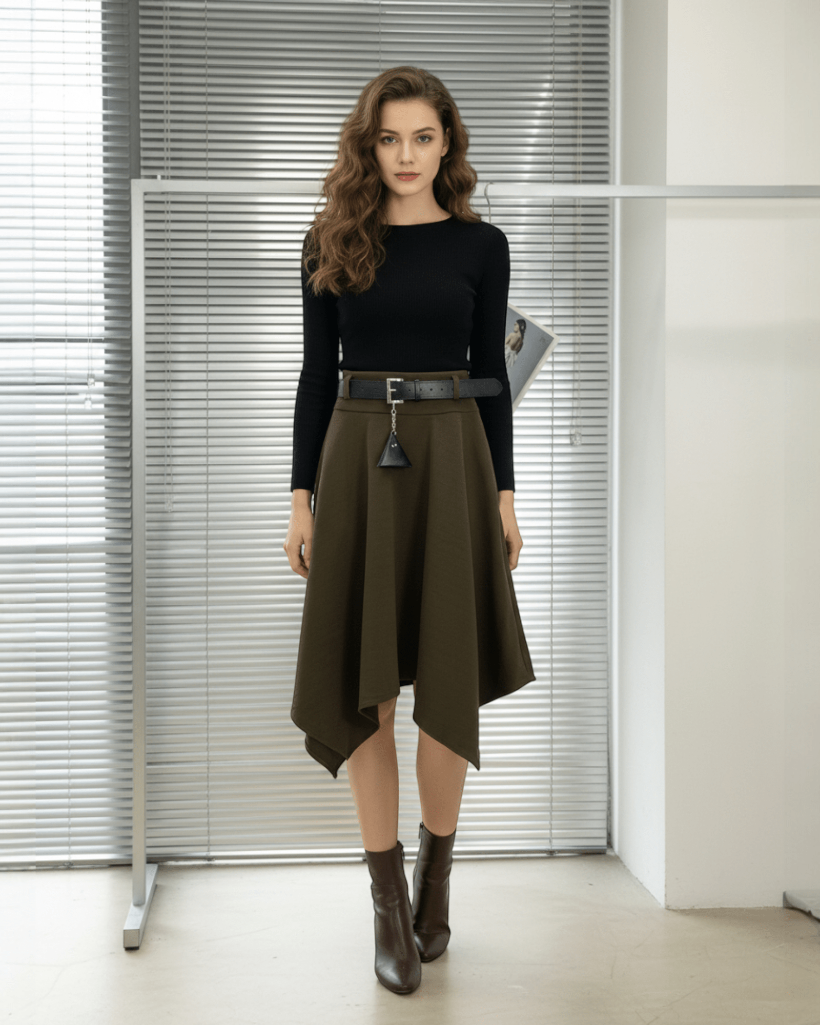 Brown Handkerchief Hem Skirt with Belt - Zilvina