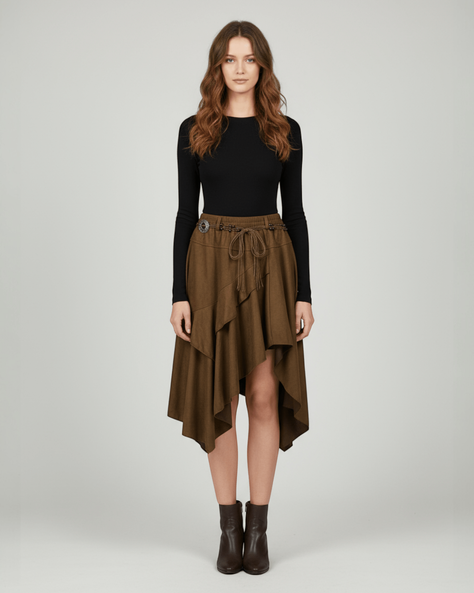 Brown Suede Layered Midi Skirt - Zilvina