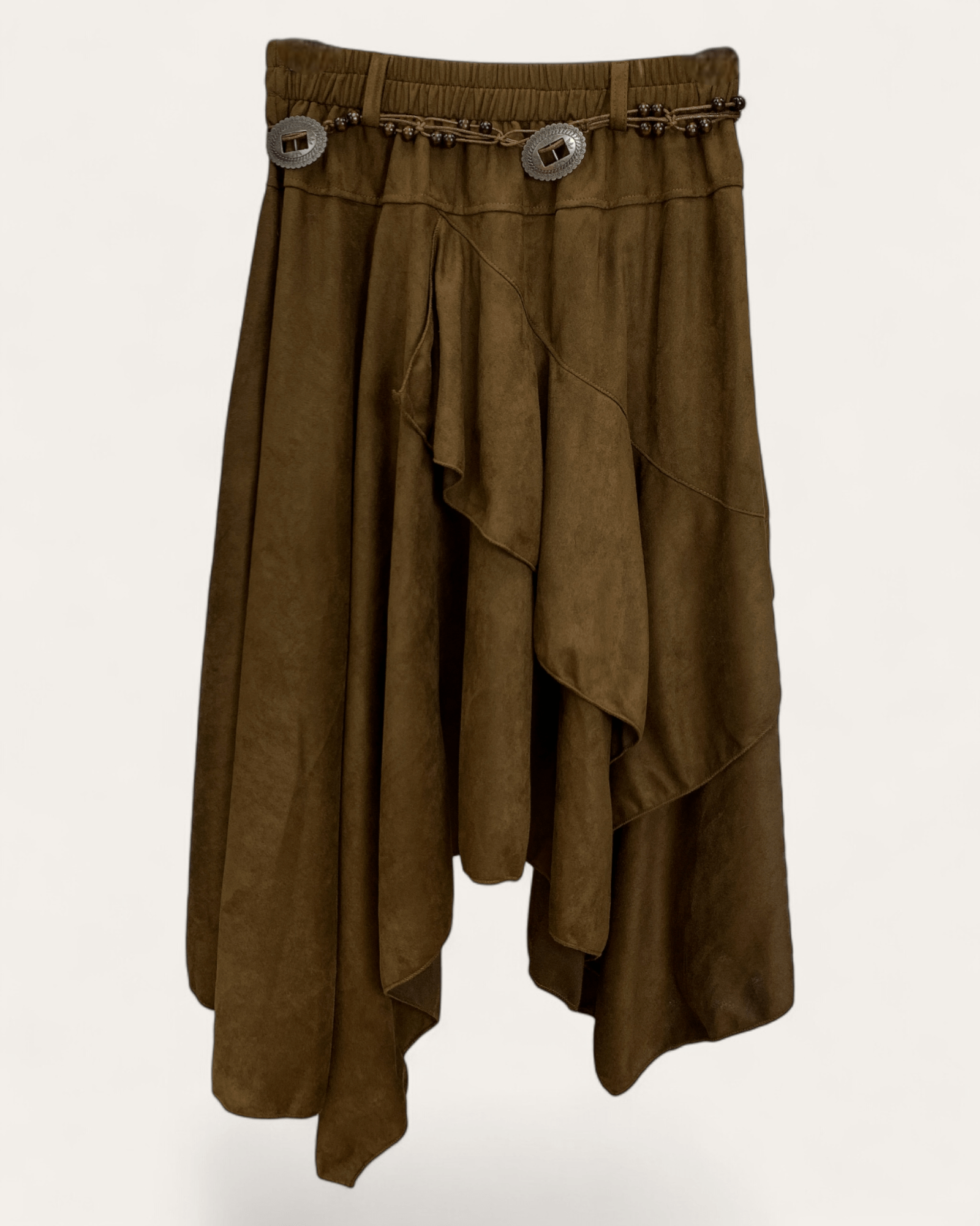 Brown Suede Layered Midi Skirt - Zilvina