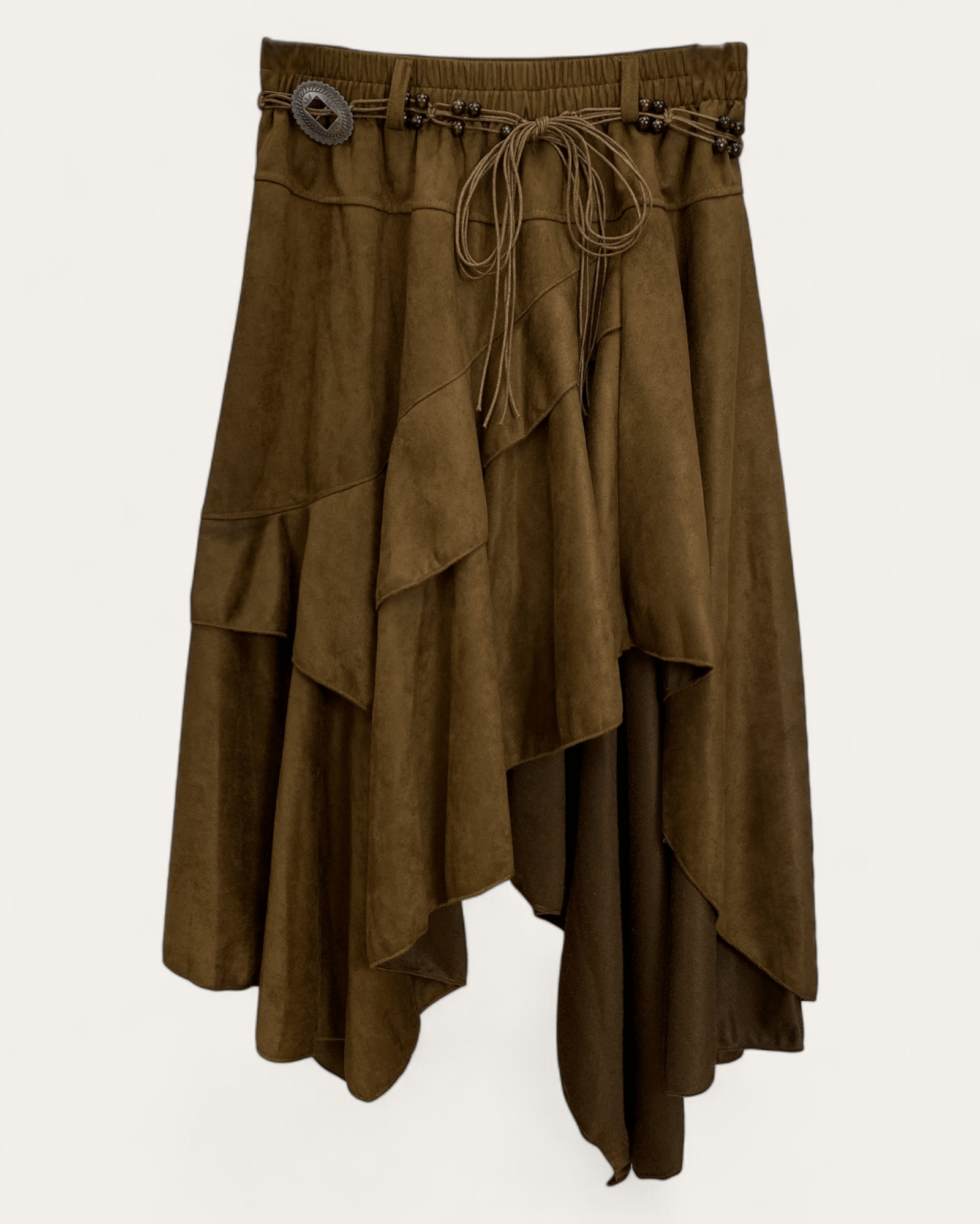Brown Suede Layered Midi Skirt - Zilvina