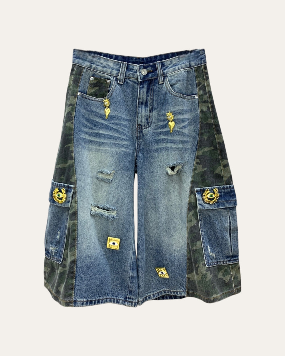 Camo Contrast Utility Denim Shorts - Zilvina