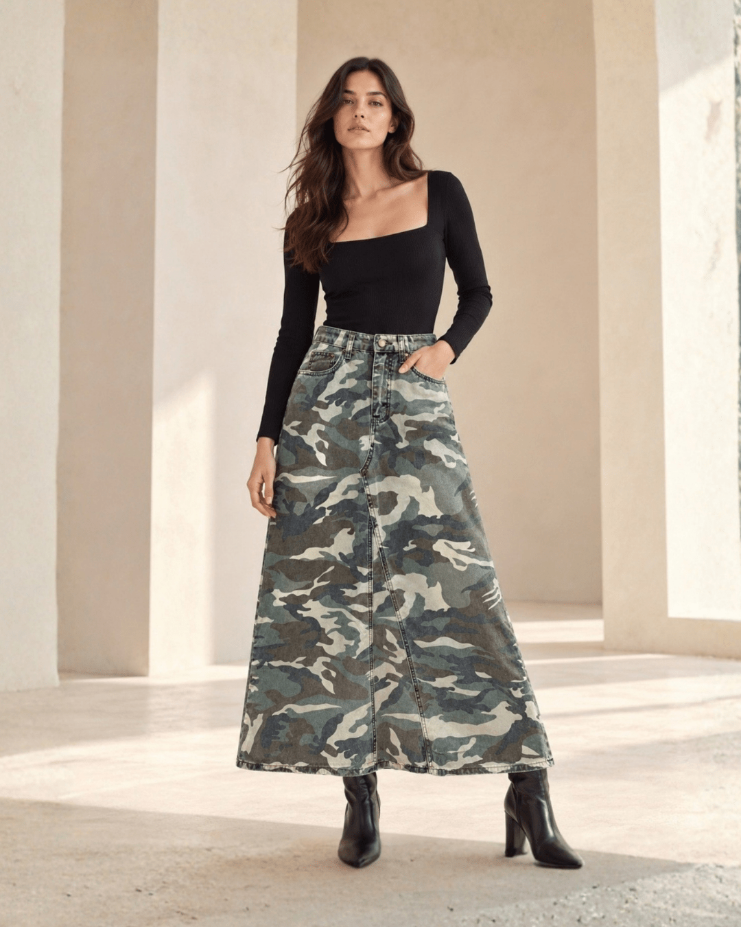 Camo Denim Maxi Skirt - Zilvina