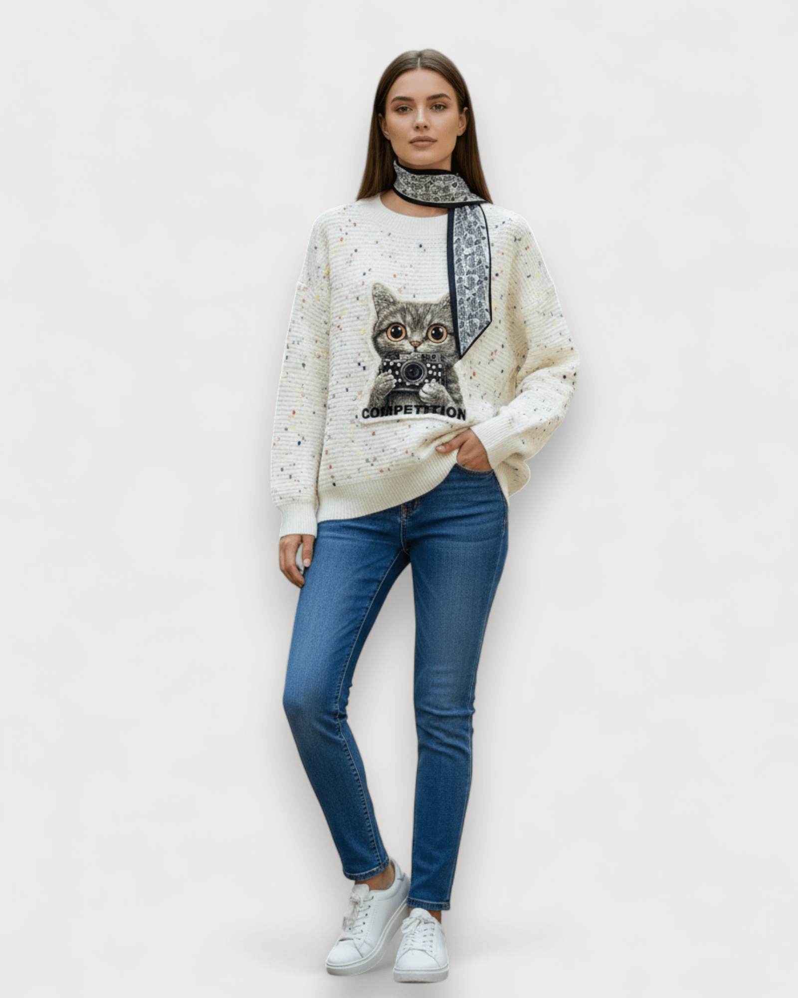 Cat Print Knit Pullover Sweater - Zilvina