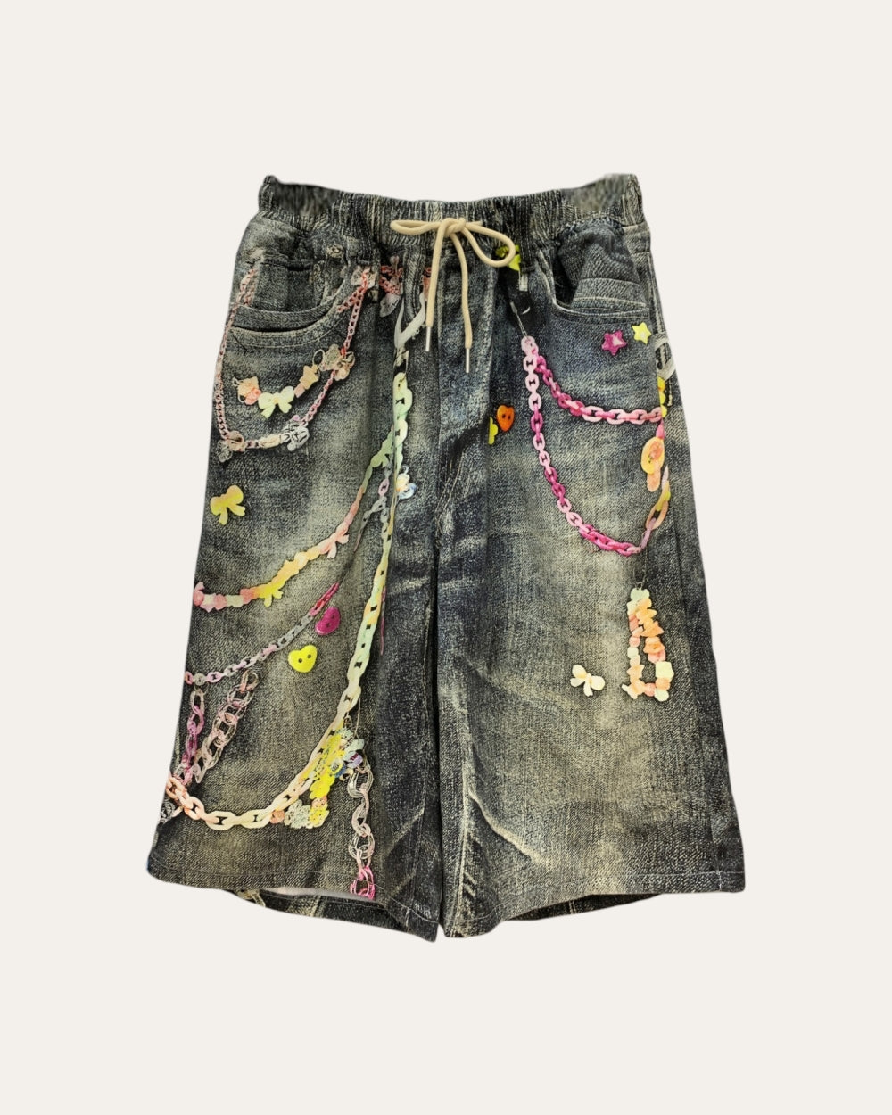 Chain Detail Washed Denim Bermuda Shorts - Zilvina