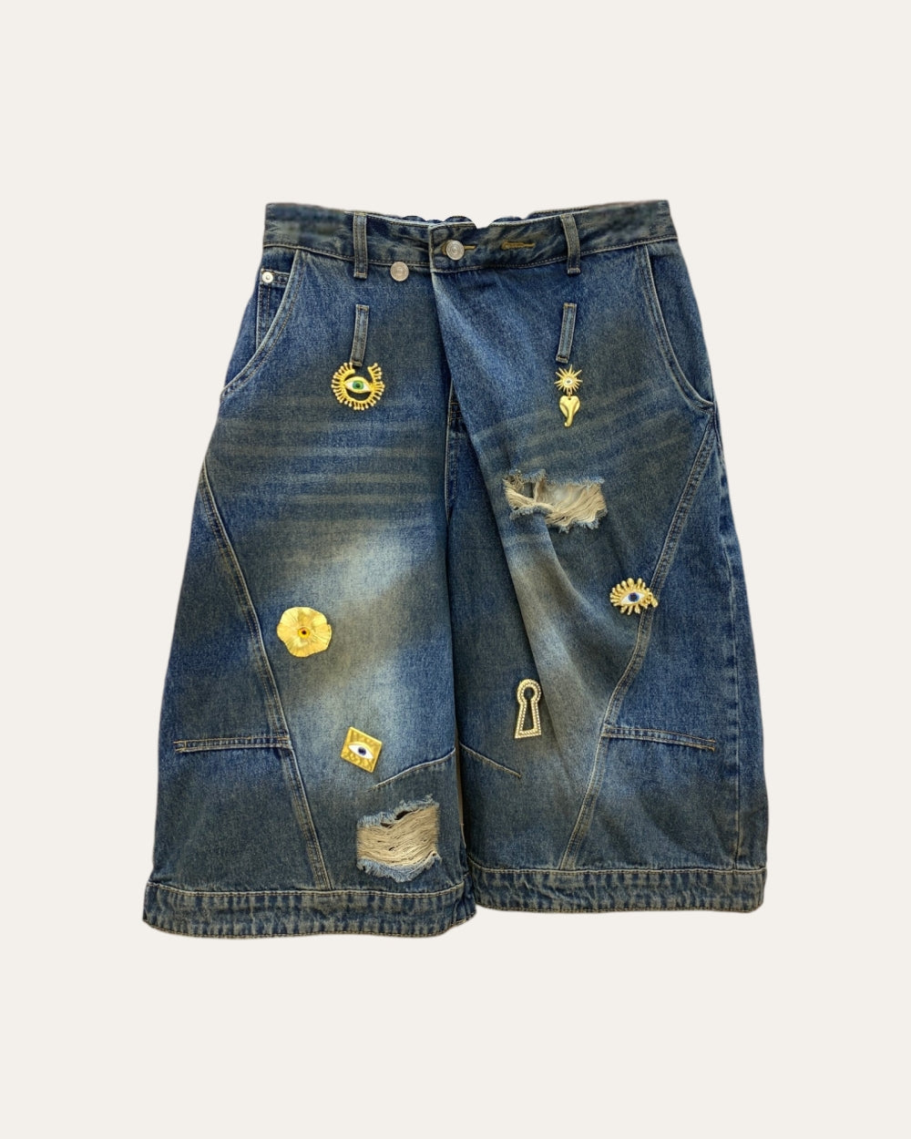 Charm Embellished Distressed Denim Bermuda Shorts - Zilvina