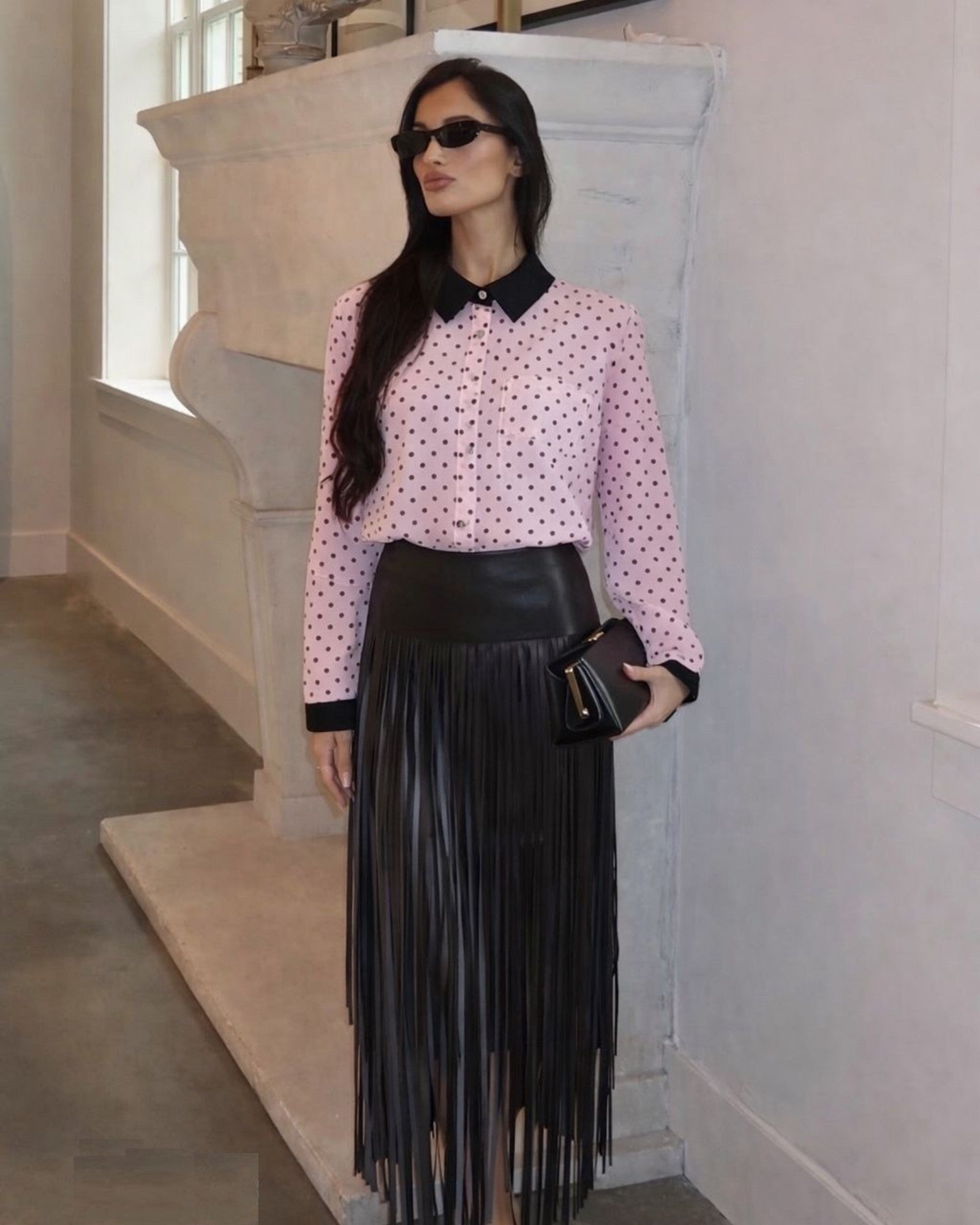 Contrast Collar Polka Dot Button - Down Blouse - Zilvina