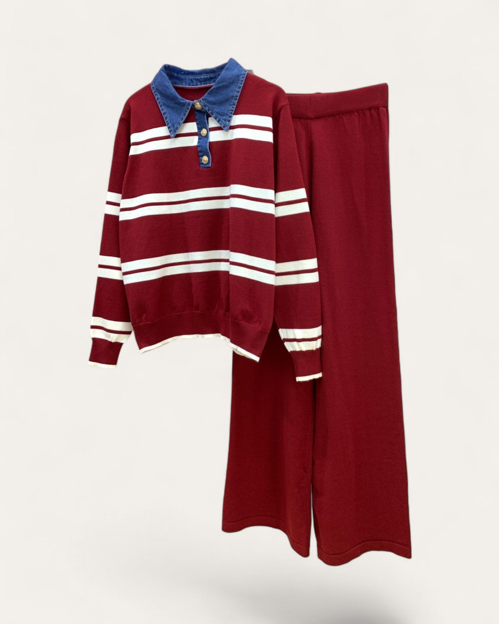 Contrast-Collar Striped Knit Lounge Set - Zilvina