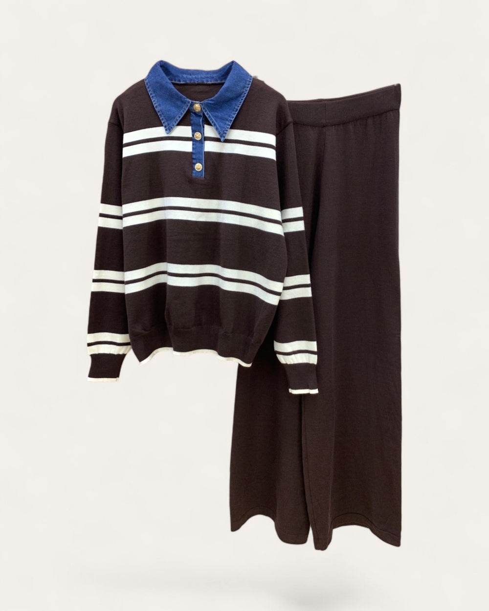 Contrast-Collar Striped Knit Lounge Set - Zilvina