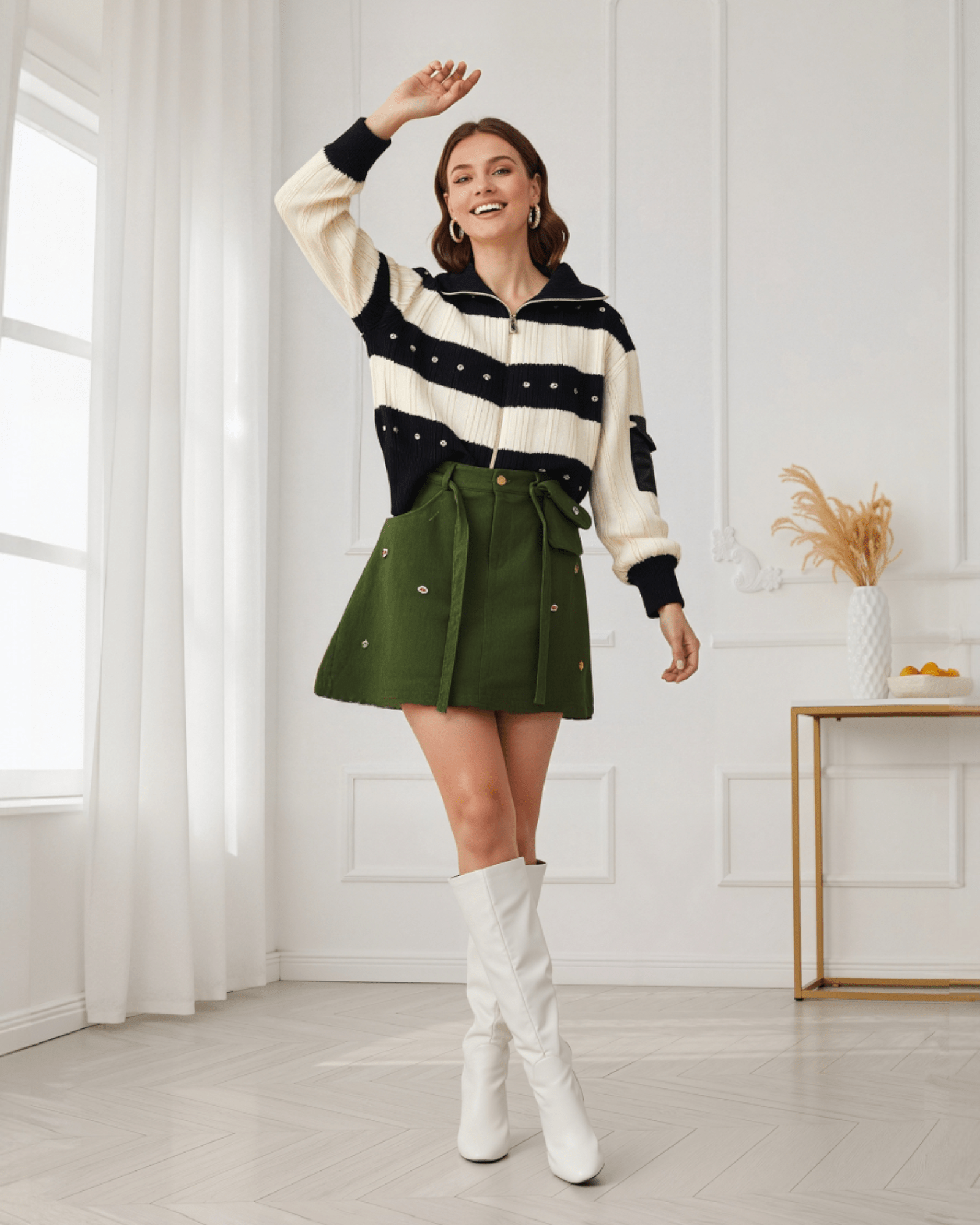 Corduroy Mini Skirt with Gem Embellishment - Zilvina