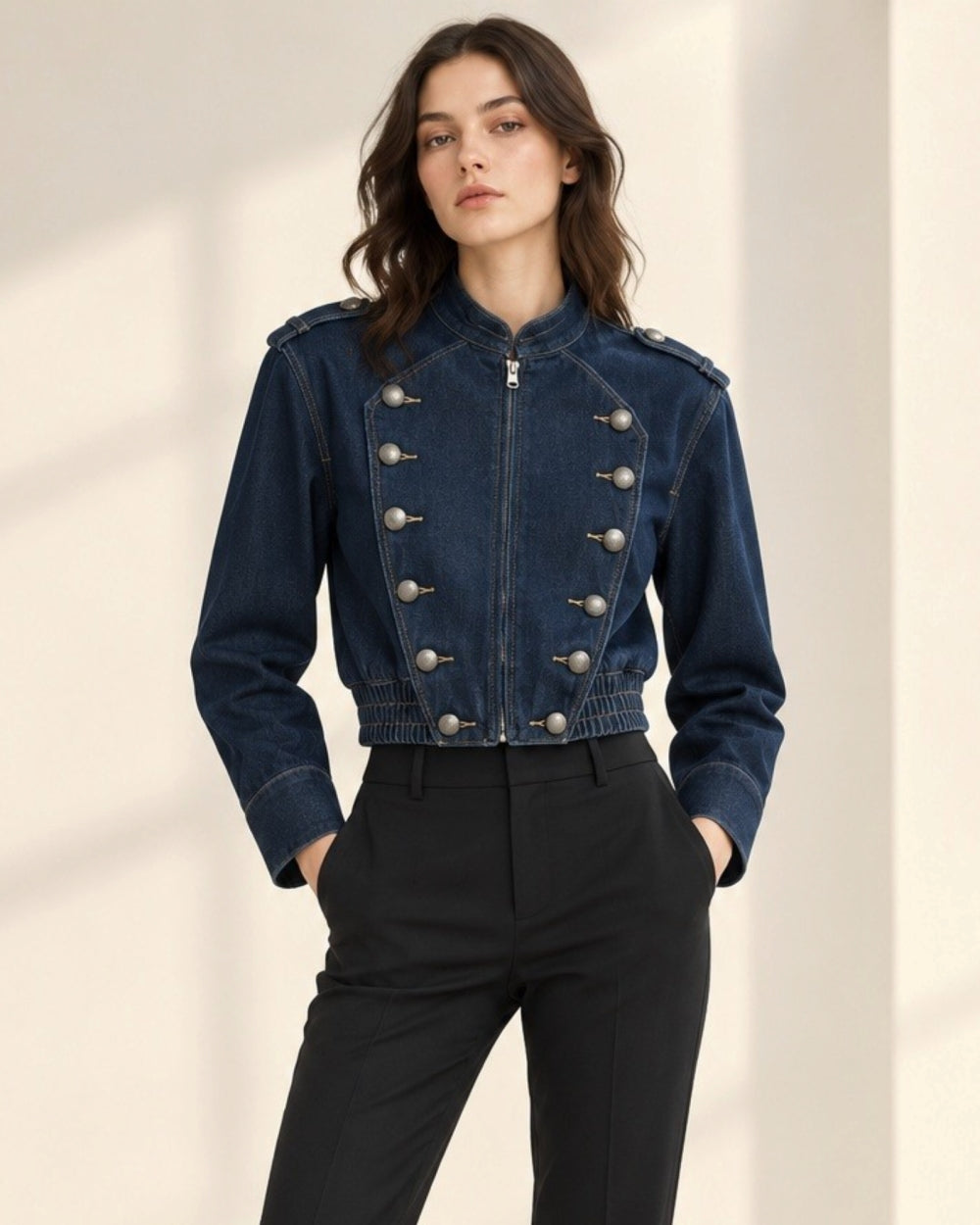 Cropped Military Denim Jacket - Zilvina