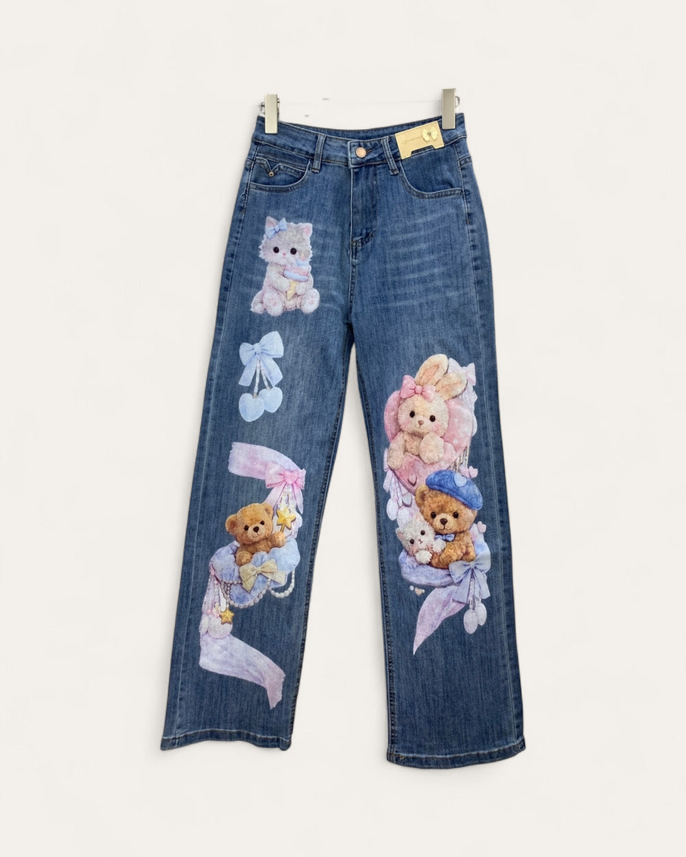 Cute Teddy & Bunny Print Stretch Jeans - Zilvina