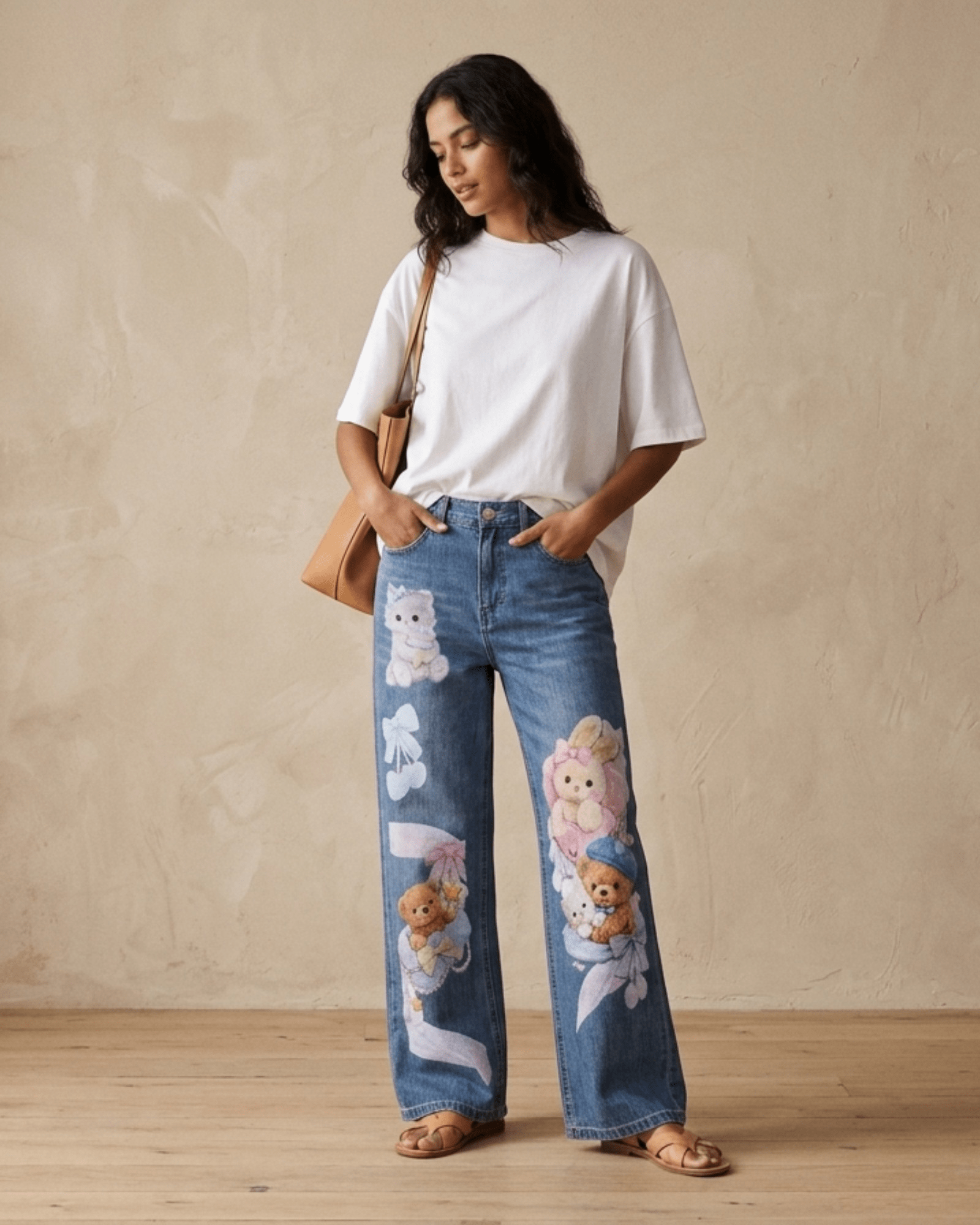 Cute Teddy & Bunny Print Stretch Jeans - Zilvina