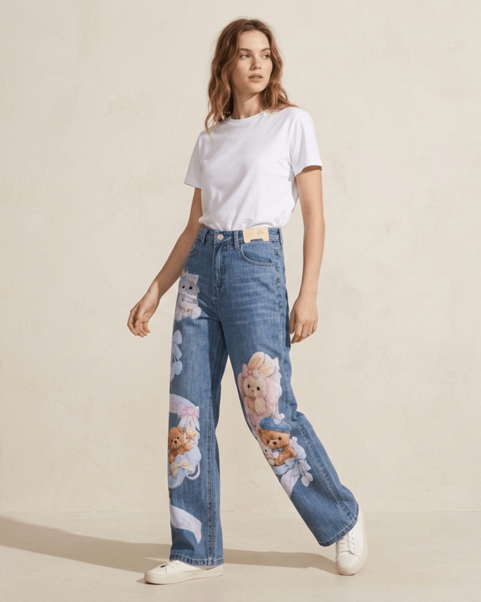 Cute Teddy & Bunny Print Stretch Jeans - Zilvina