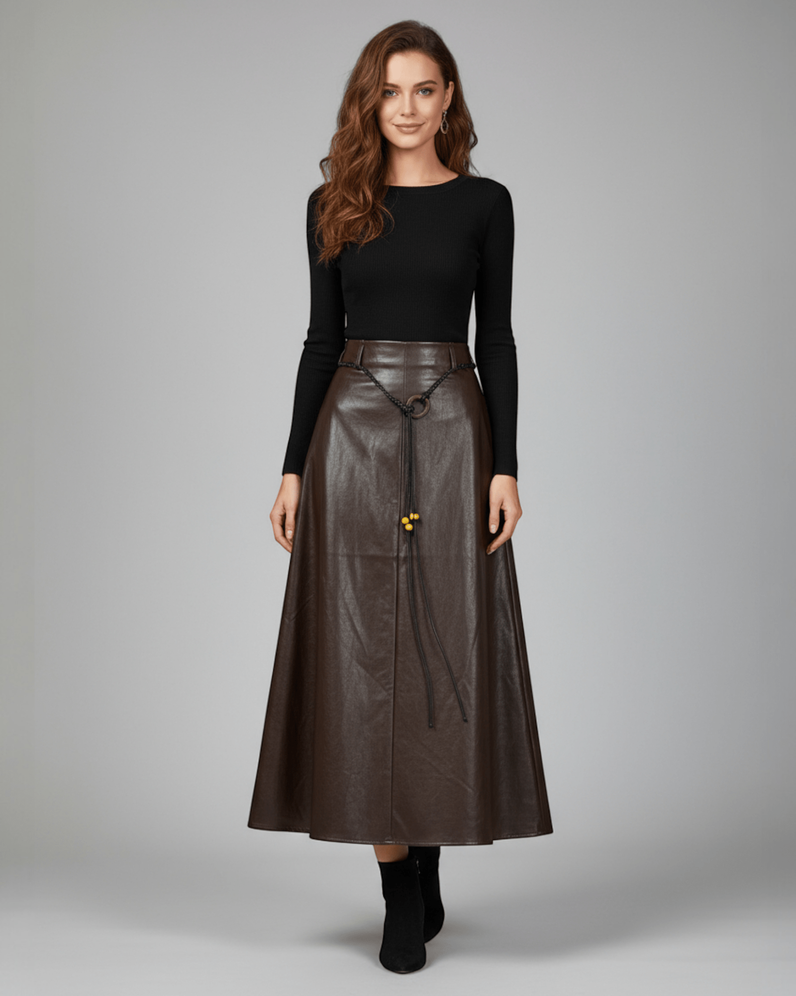 Dark Brown Faux Leather Maxi Skirt - Zilvina