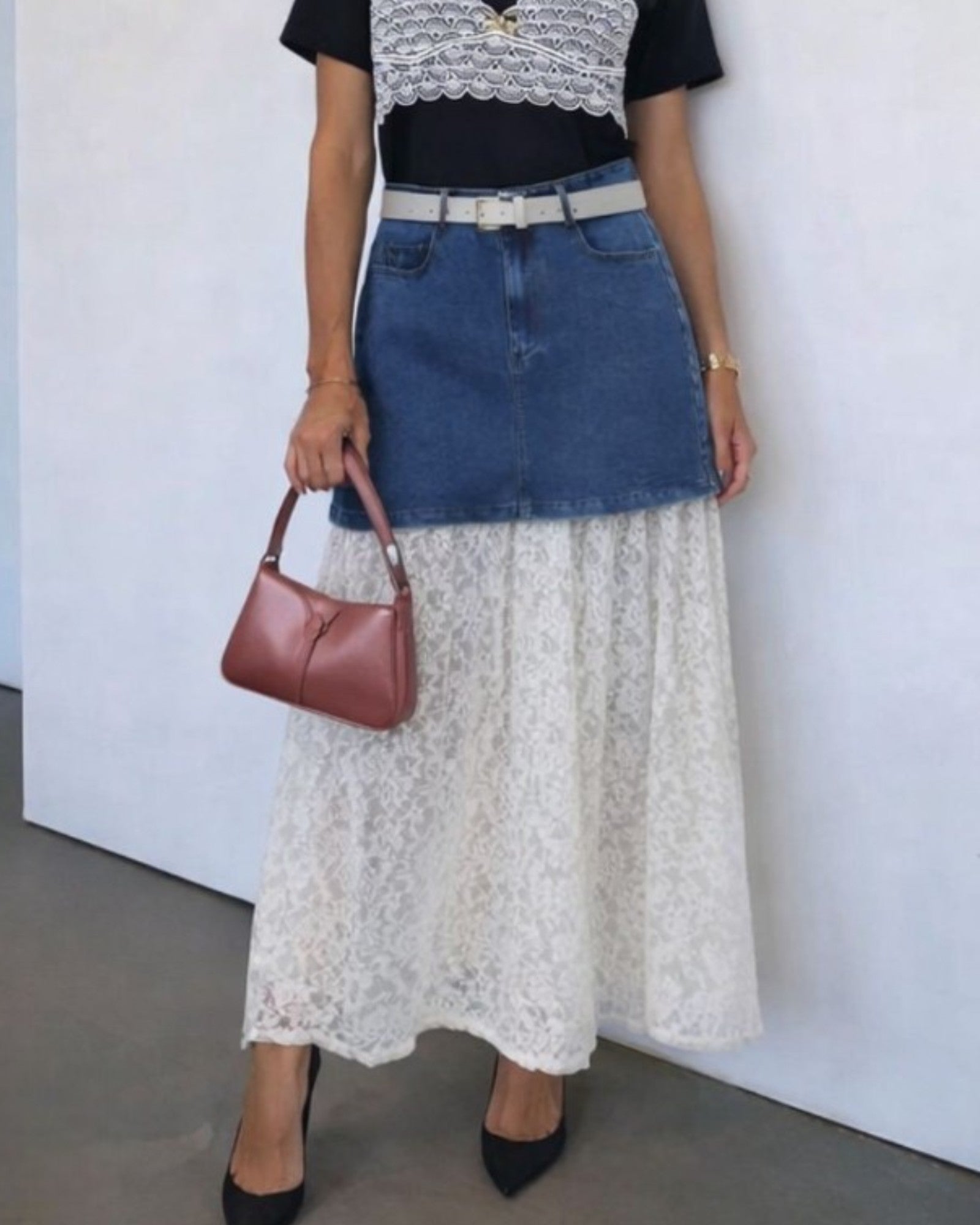 Denim & Lace Panel Midi Skirt - Zilvina