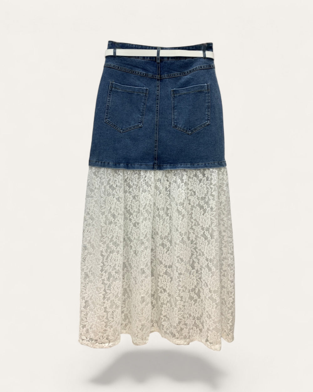 Denim & Lace Panel Midi Skirt - Zilvina