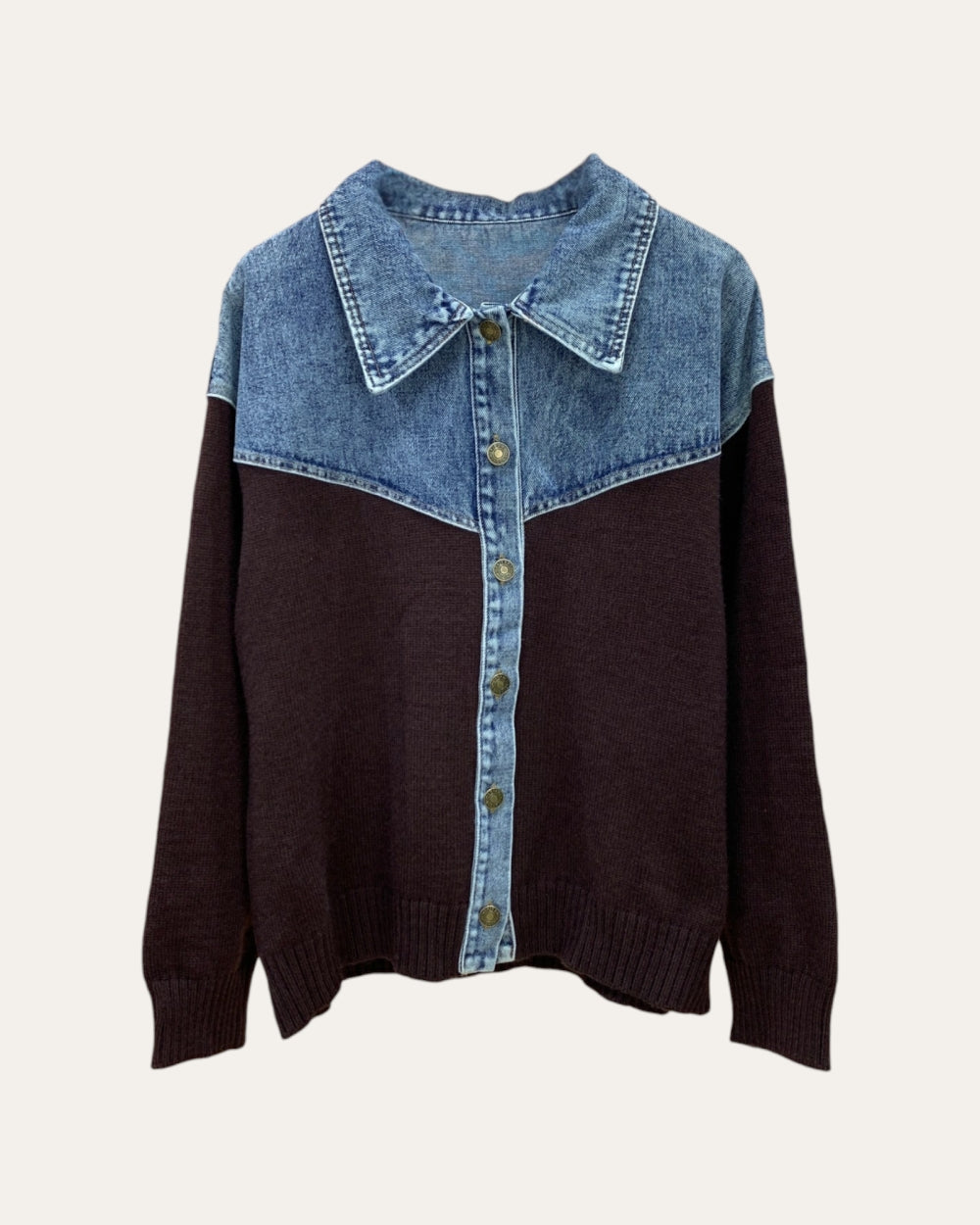 Denim Panel Button Knit Cardigan - Zilvina