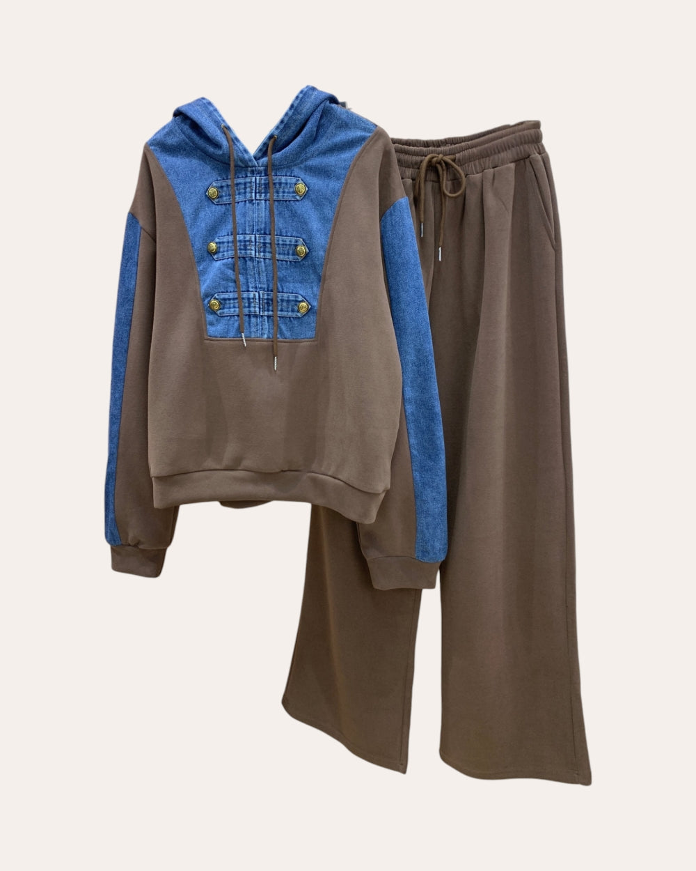 Denim-Panel Hoodie & Wide-Leg Pants Set - Zilvina