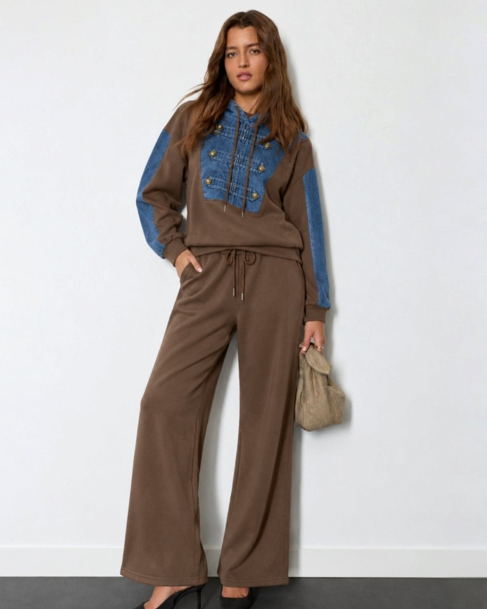 Denim-Panel Hoodie & Wide-Leg Pants Set - Zilvina
