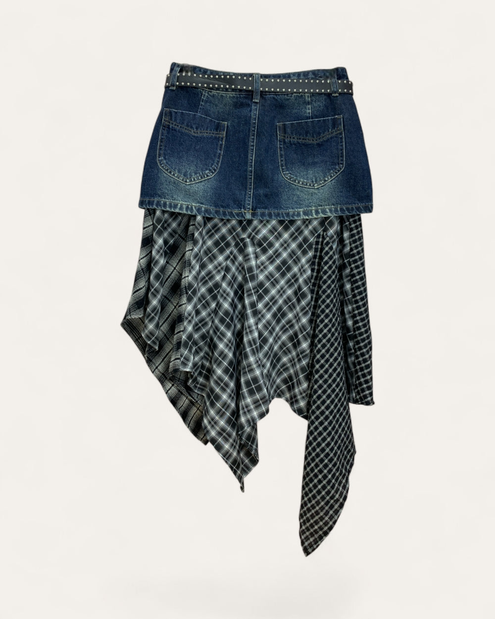 Denim Plaid Layered Skirt with Stud Belt - Zilvina