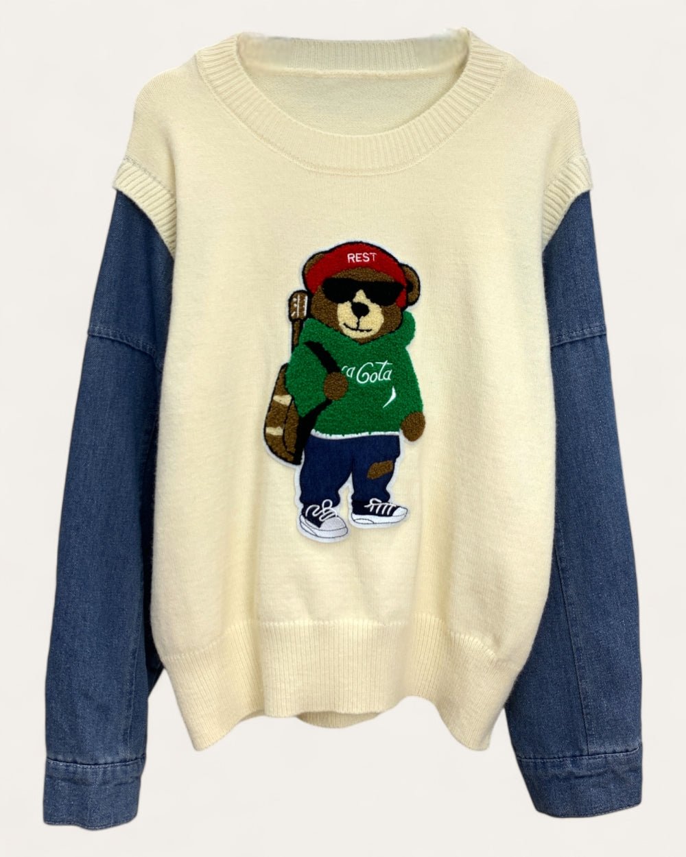 Denim - Sleeve Teddy Embroidered Knit Sweater - Zilvina