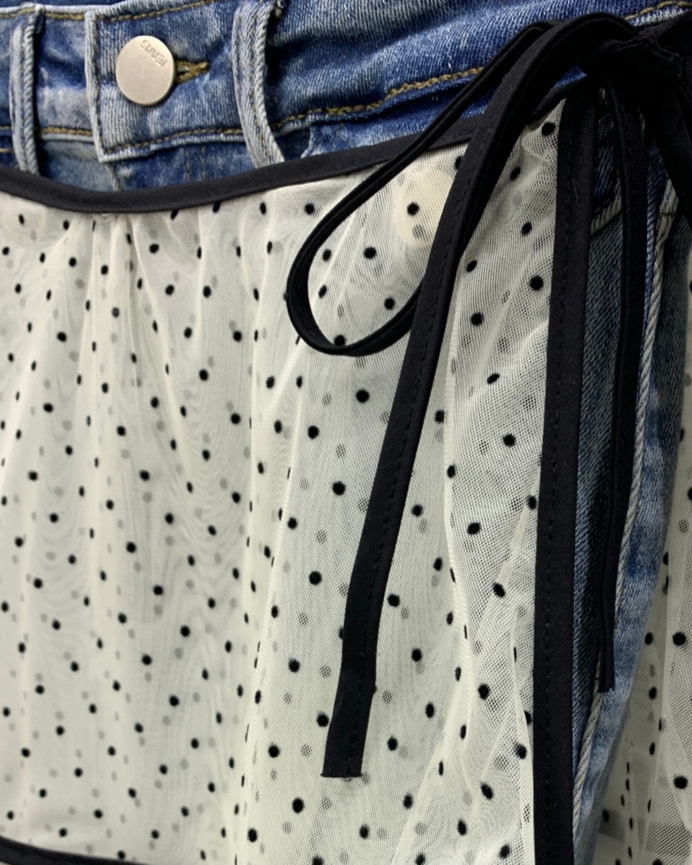 Denim Waist Polka Dot Mesh Skirt - Zilvina