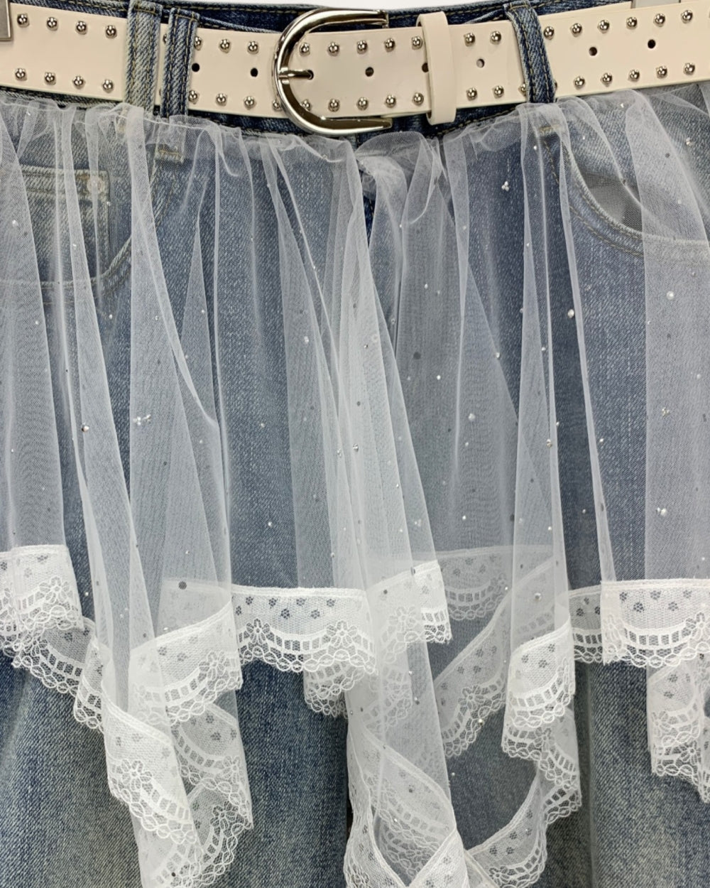 Distressed Denim Tulle Overlay Skirt - Zilvina