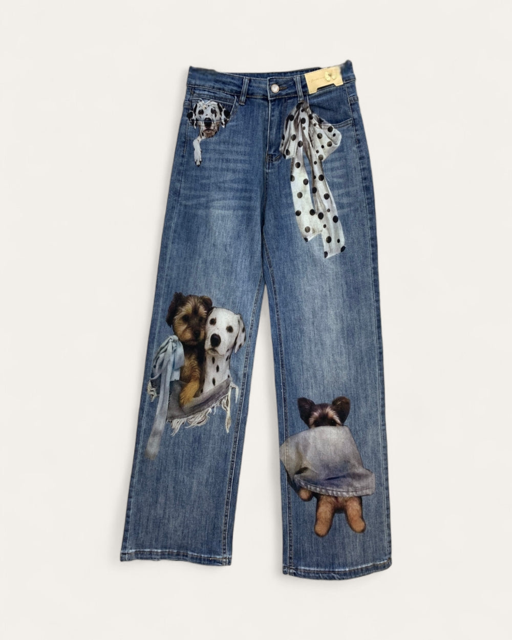 Dog Print Straight - Leg Jeans with Scarf Detail - Zilvina