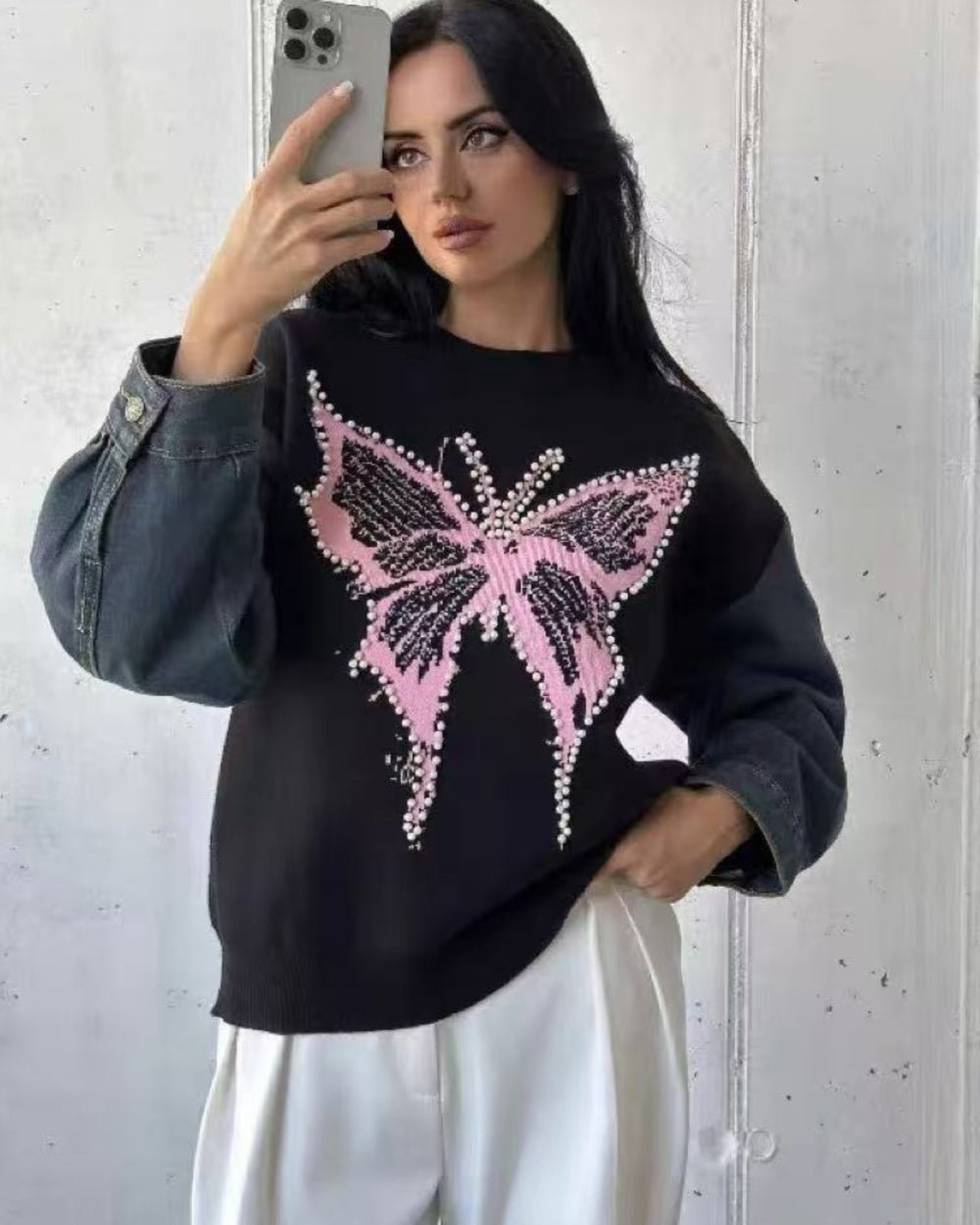 Embellished Butterfly Knit Sweater - Zilvina