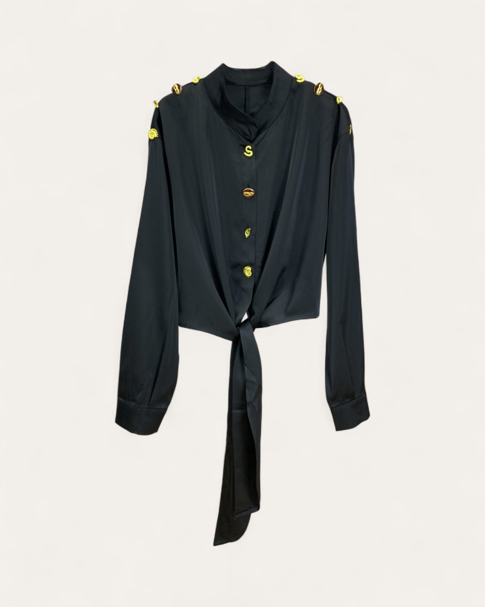 Embellished Button Tie - Front Long Sleeve Blouse - Zilvina