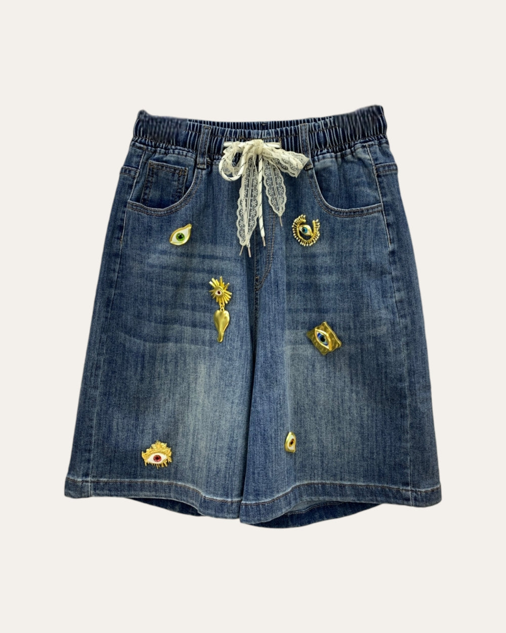 Embellished Denim Elastic Shorts - Zilvina