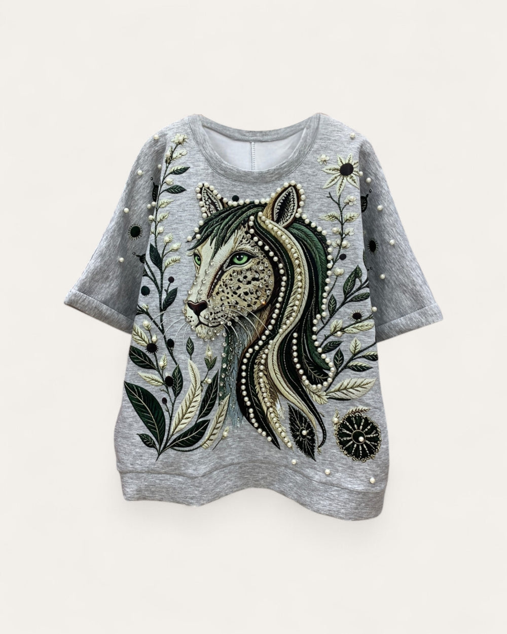 Embellished Leopard Graphic Sweatshirt - Zilvina