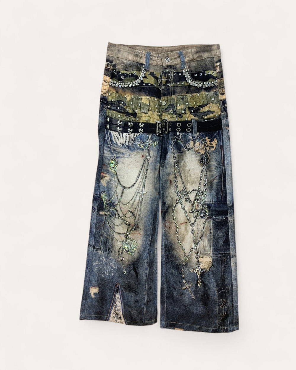 Embellished Punk Utility Wide Leg Jeans - Zilvina