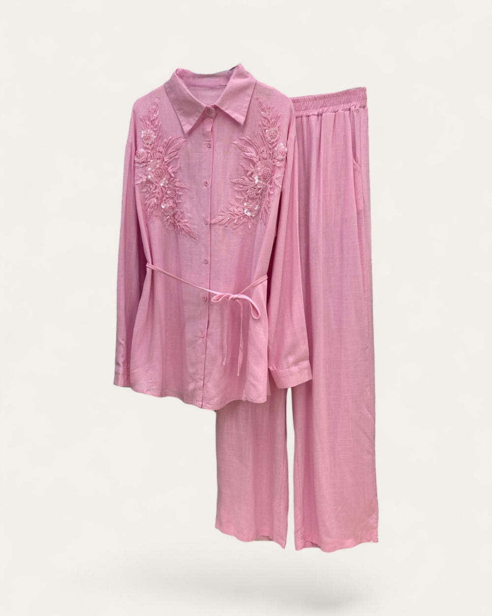 Embroidered Shirt & Wide - Leg Pants Set - Zilvina