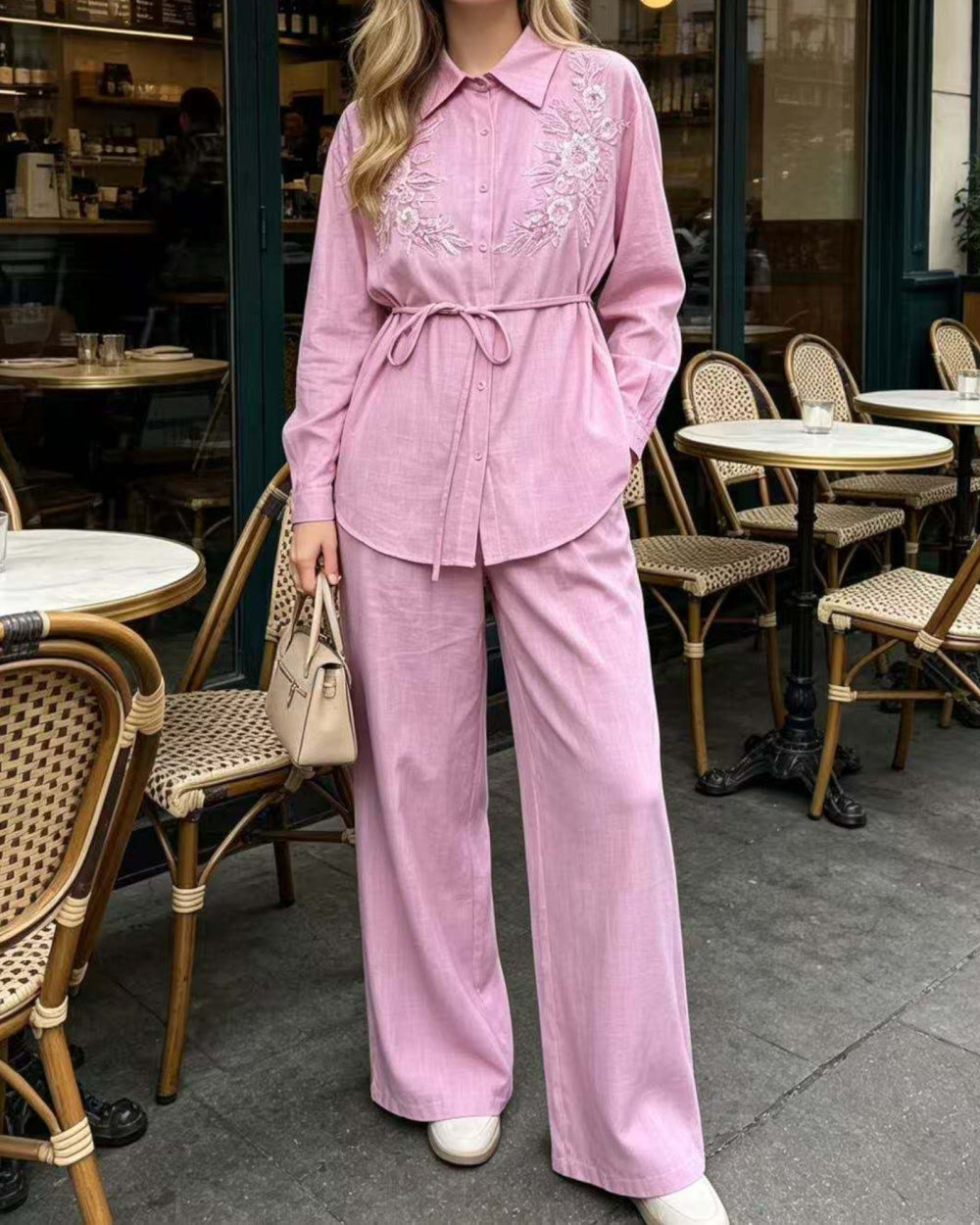 Embroidered Shirt & Wide - Leg Pants Set - Zilvina