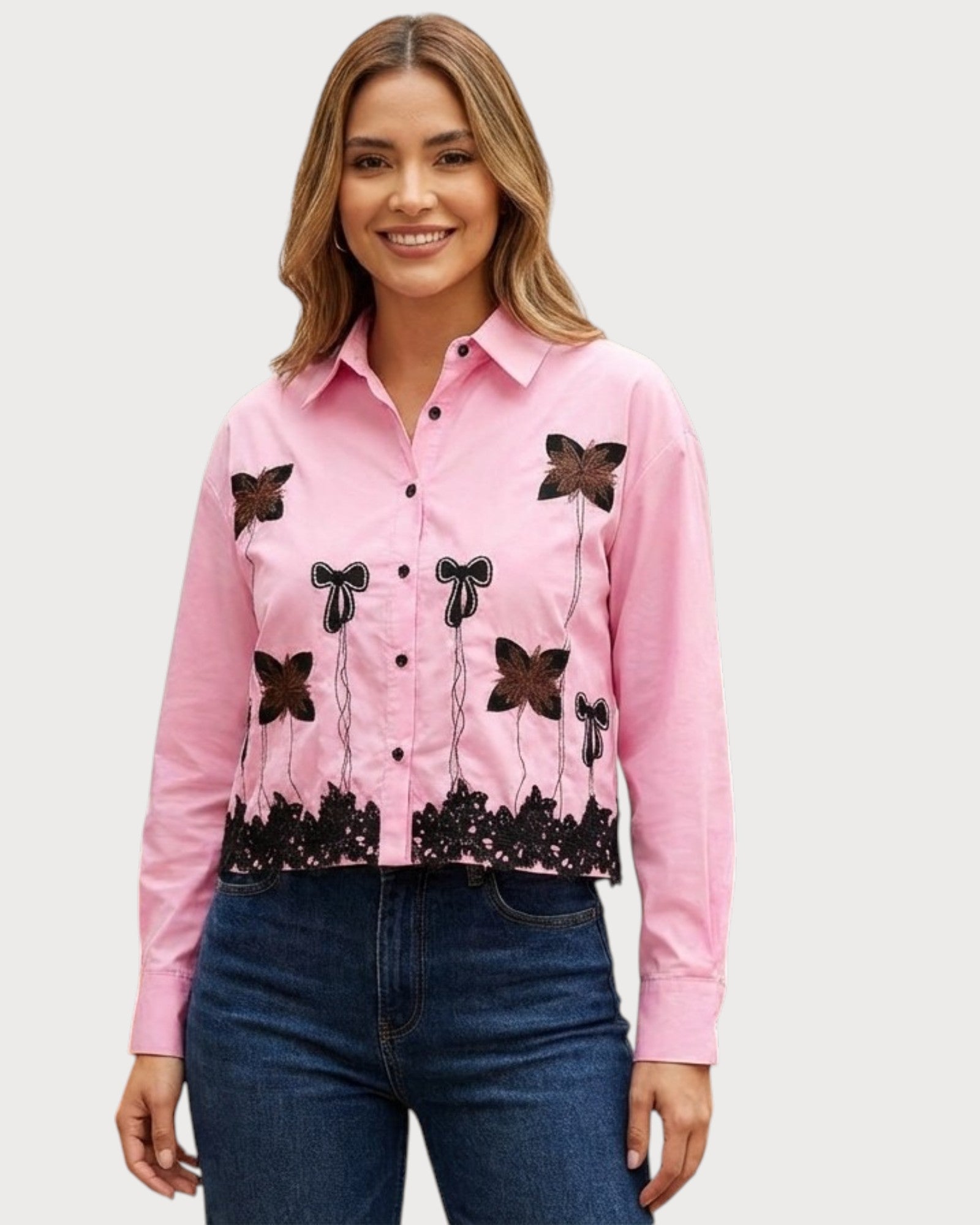 Floral Appliqué Button - Up Shirt - Zilvina