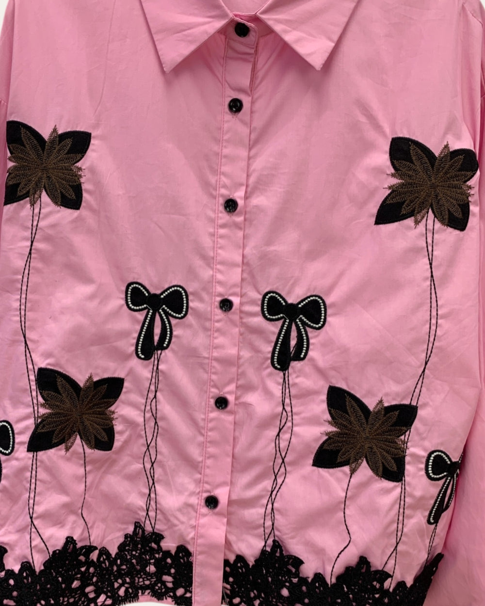 Floral Appliqué Button - Up Shirt - Zilvina