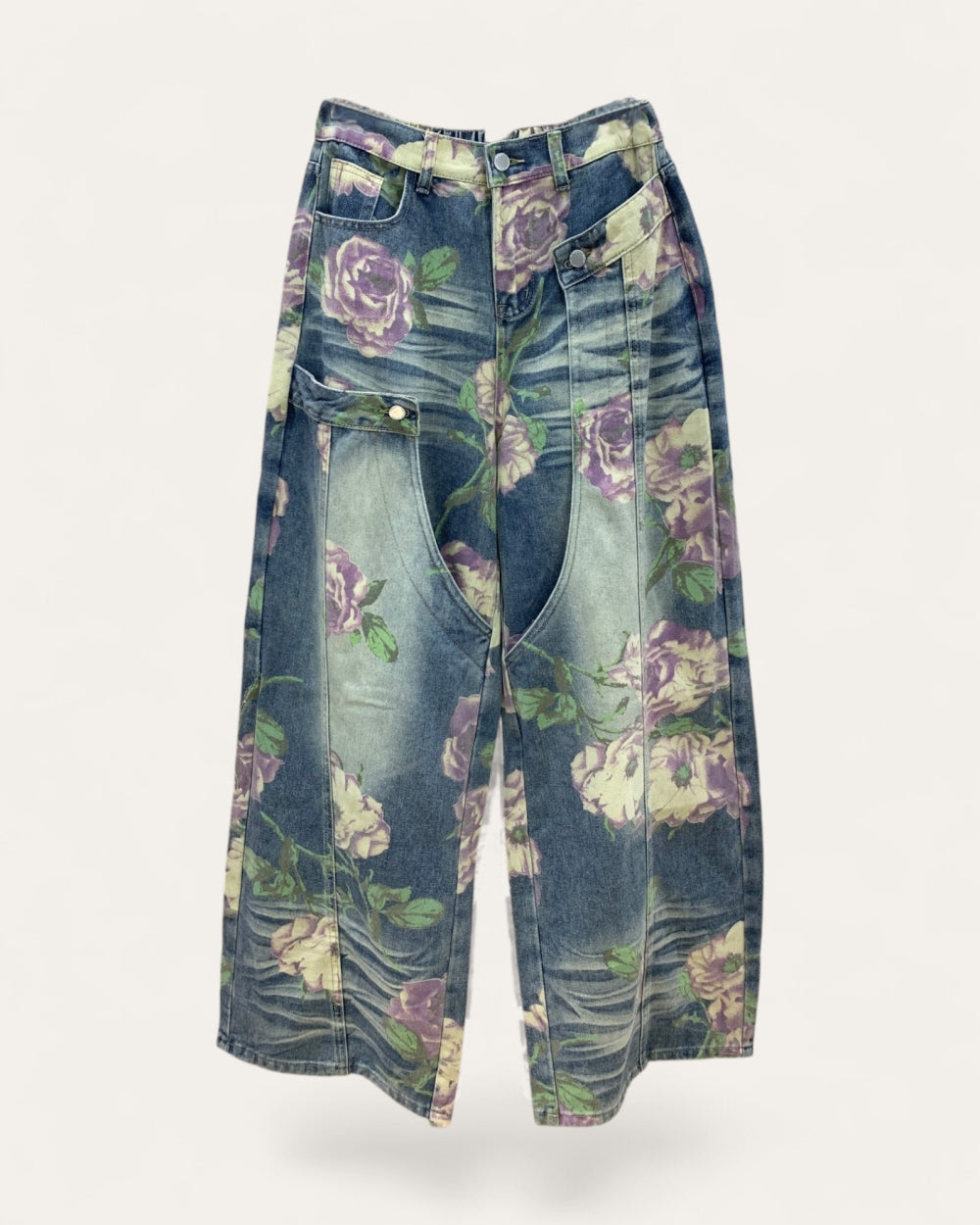 Floral Print Panel Barrel Jeans - Zilvina