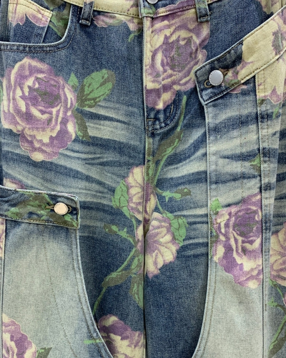 Floral Print Panel Barrel Jeans - Zilvina